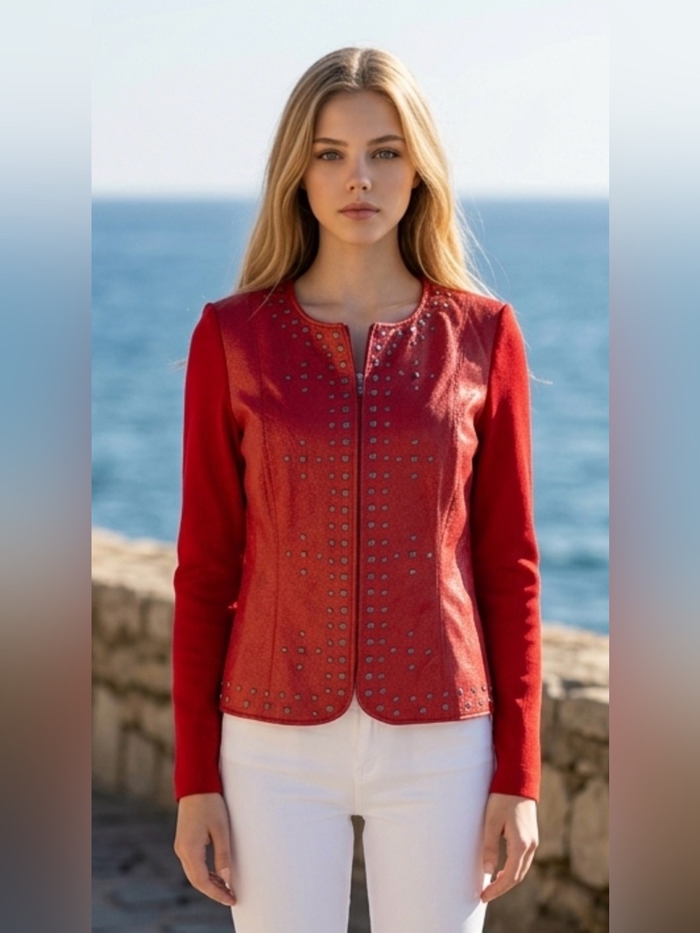 Peter Nygard Leather Red Studded Tailored Jacket